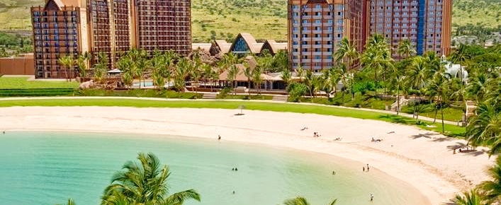 A beautiful Hawaiian beach with waves crashing on the shore and palm trees swaying in the breeze.