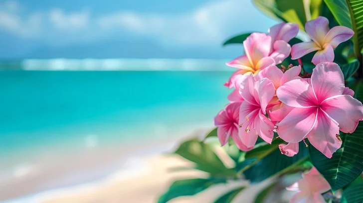 A vibrant display of Hawaiian flowers, including hibiscus and plumeria, set against a lush tropical background.