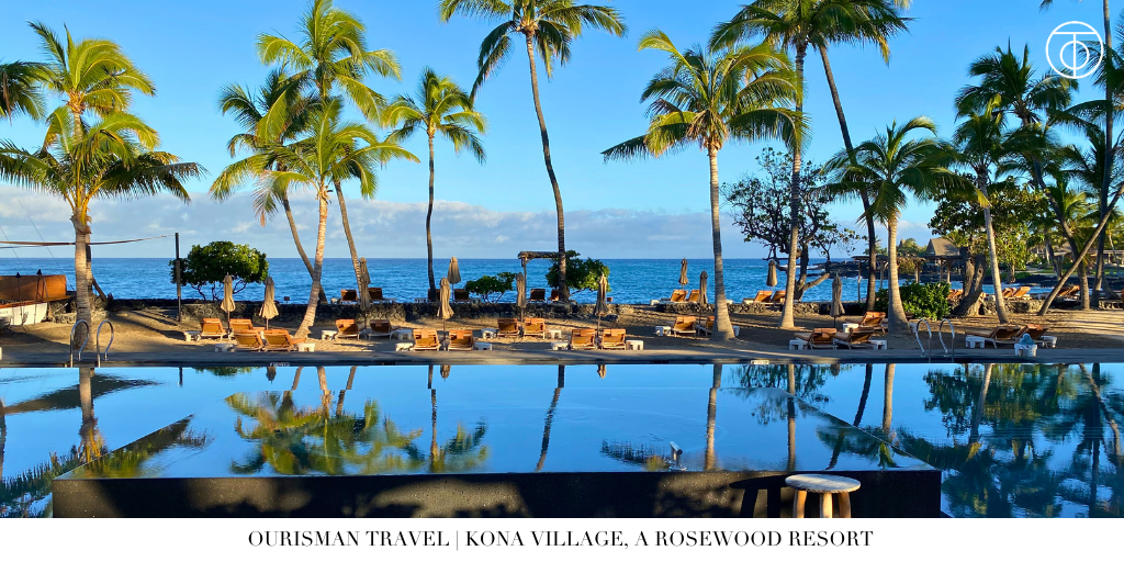 Stunning sunset view from Rosewood Hawaii, showcasing luxurious oceanfront villas and tropical gardens.